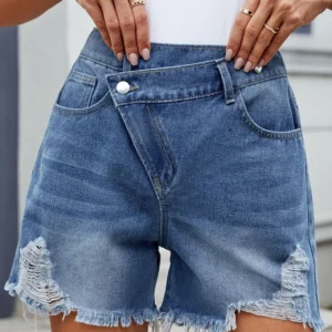 Distressed Raw Hem Asymmetrical Waist Denim Shorts