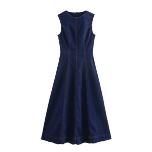 Round neck back zipper sleeveless denim dress