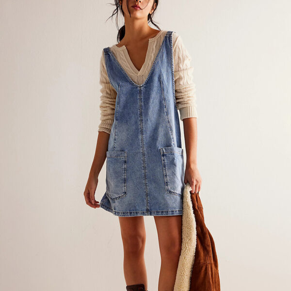 Casual Denim Vintage A-Line Denim Backless Sleeveless Dress - Image 4