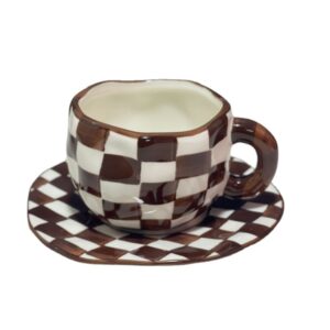 Hand Painted Checkerboard Coffee and Saucer Underglaze Ceramic Cup