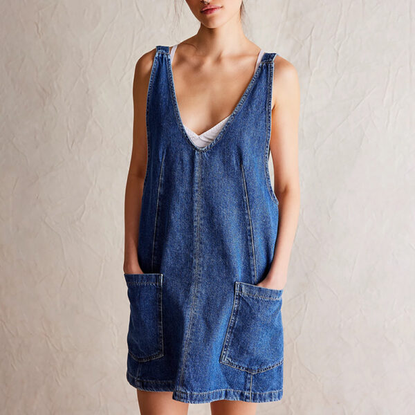 Casual Denim Vintage A-Line Denim Backless Sleeveless Dress - Image 7