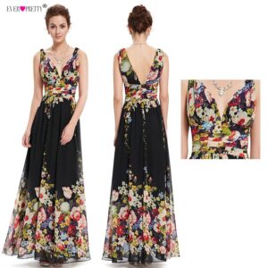 Double V-neck Sleeveless Black Flower Print Chiffon Long Dress