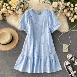 Puff Sleeves Loose Hollow Ruffle Dress