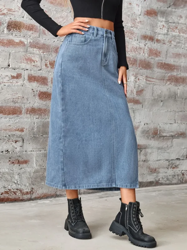 Slit High Waist Denim Skirt with Pockets - Image 4