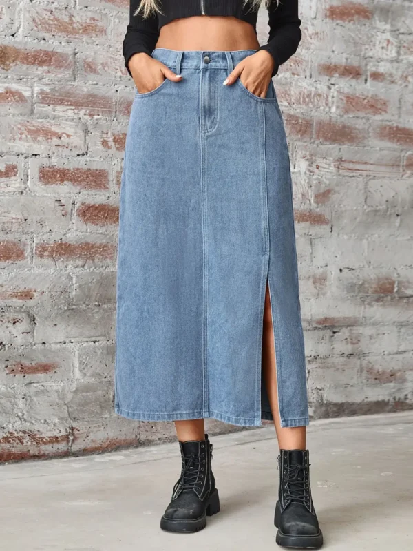 Slit High Waist Denim Skirt with Pockets - Image 2