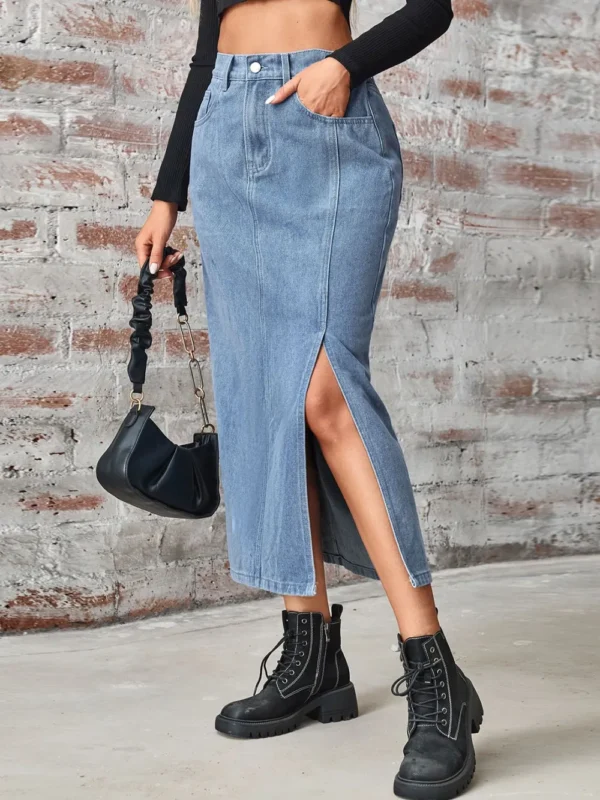 Slit High Waist Denim Skirt with Pockets - Image 3