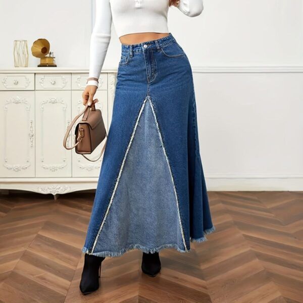 Long Denim Loose Spliced Swing Skirt - Image 7