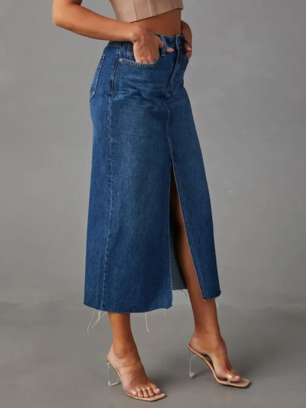 Raw Hem Front Slit Denim Midi Skirt - Image 5
