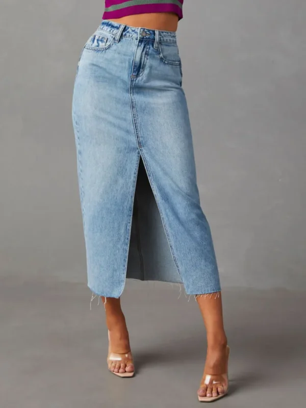Raw Hem Front Slit Denim Midi Skirt - Image 2