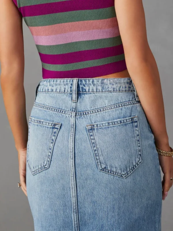 Raw Hem Front Slit Denim Midi Skirt - Image 3
