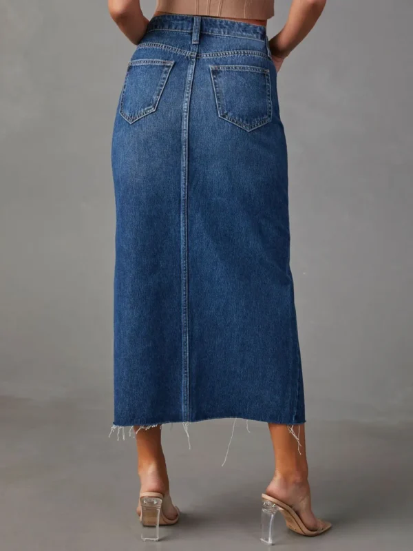 Raw Hem Front Slit Denim Midi Skirt - Image 6