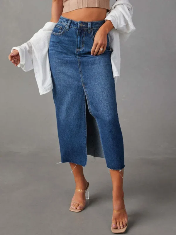 Raw Hem Front Slit Denim Midi Skirt - Image 4
