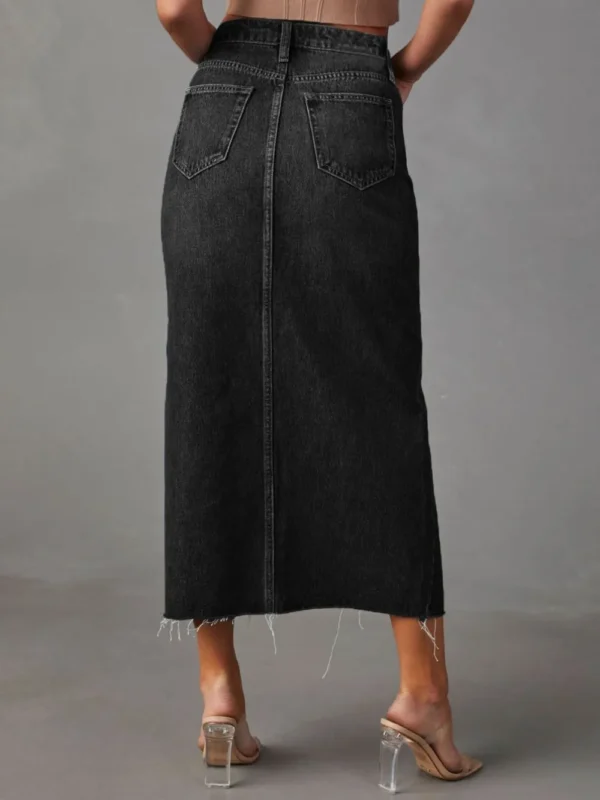 Raw Hem Front Slit Denim Midi Skirt - Image 10
