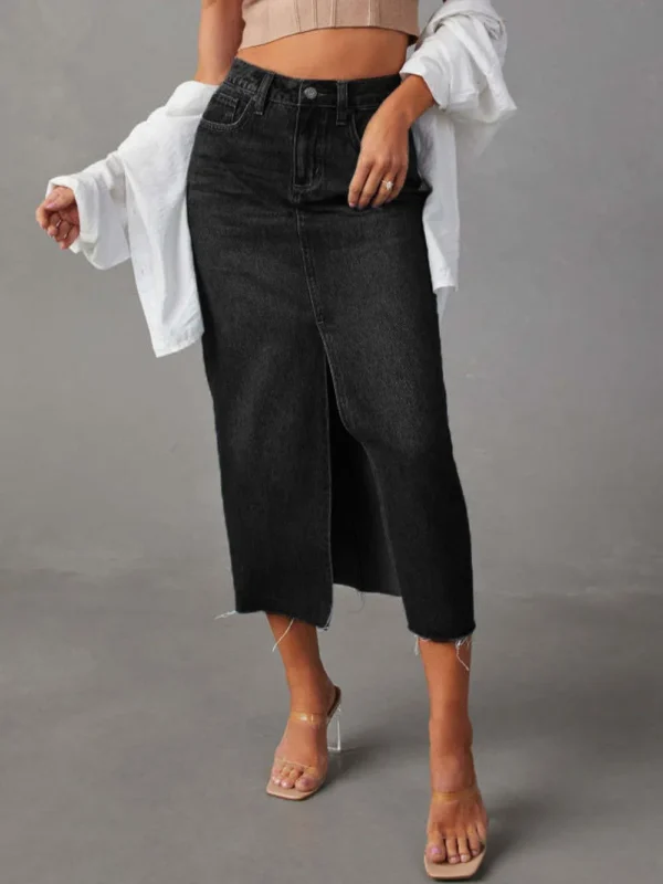 Raw Hem Front Slit Denim Midi Skirt - Image 9