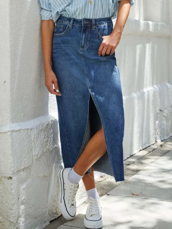Raw Hem Front Slit Denim Midi Skirt - Image 8