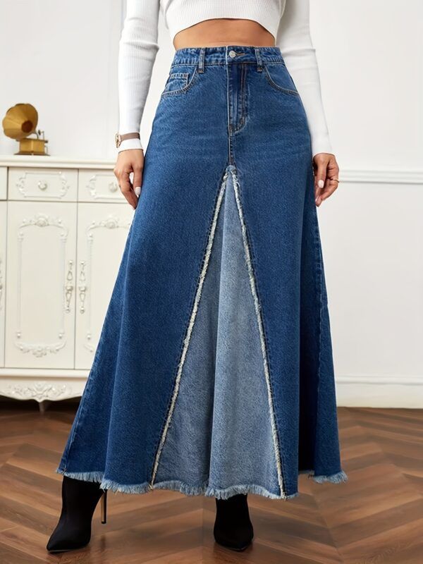 Long Denim Loose Spliced Swing Skirt - Image 3