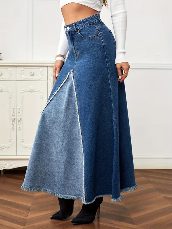 Long Denim Loose Spliced Swing Skirt - Image 2