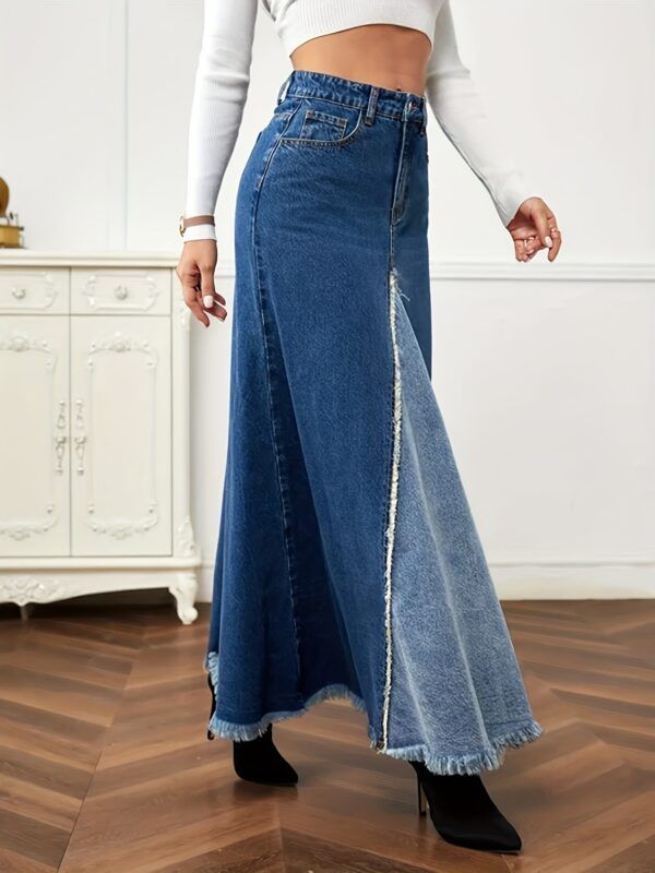 Long Denim Loose Spliced Swing Skirt - Image 4