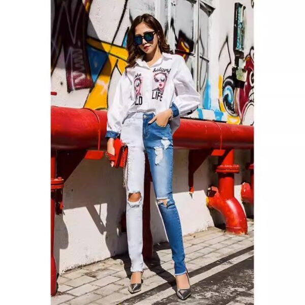 Double Color Patchwork Ripped Jeans - Image 2